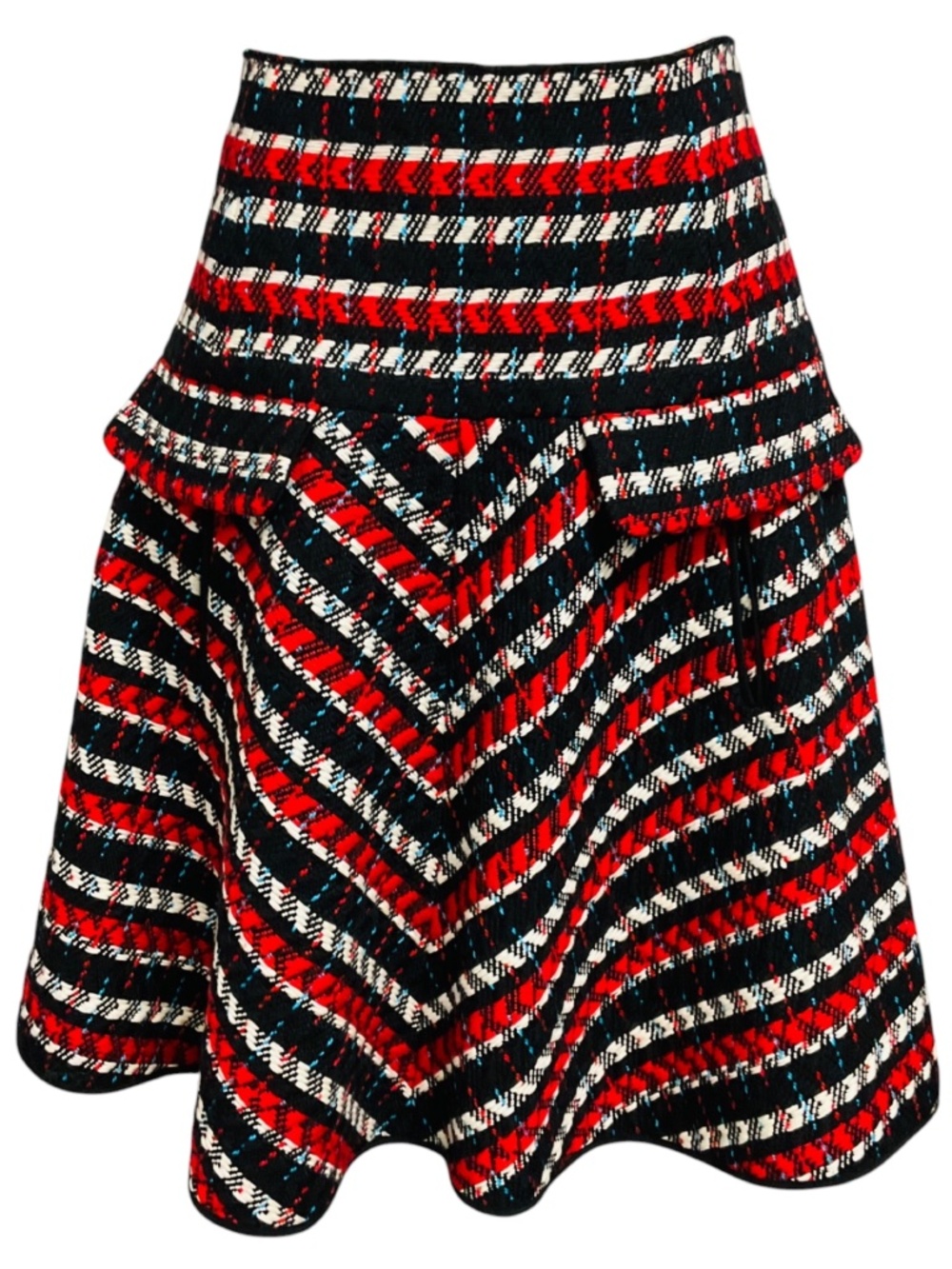 Oscar de la Renta Red / Black / White Multi Flared Wool Skirt